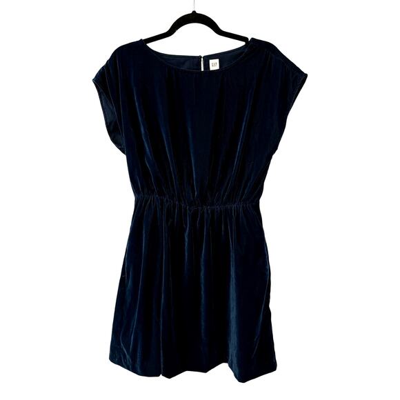 GAP Womans S Velvet Skater Dress Ballet Neck POCKETS Elastic Wasit Navy Blue - Picture 2 of 9